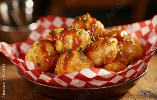 Crispy, golden, bite-sized balls smothered in tangy sauce