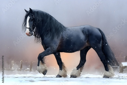 Watercolor Illustration of a Majestic Black Shire Horse Walking in Snow