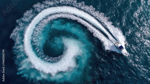 Aerial view of a speedboat creating a swirl in turquoise water.