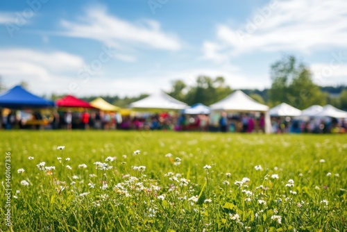 event with many tents and stalls set up on grass, people bustling around at an outdoor festival or community gathering in summer Generative AI
