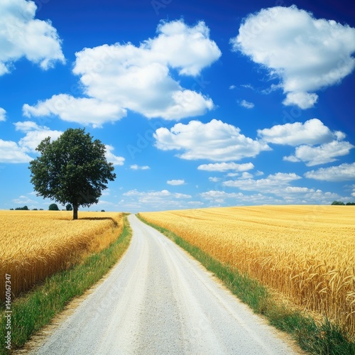 Country Road through Golden Wheat Fields under a Blue Sky