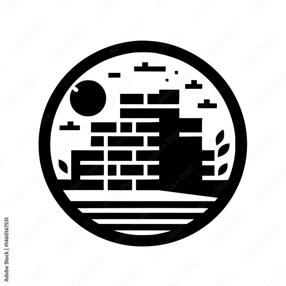 Minimalist Abstract Architectural Landscape in a Circle, Black & White Minimalist Abstract Architectural Landscape in a Circle, Black & White