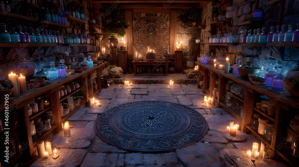 Obraz premium Enchanted Spellcasting Room Runes, Potions, and Mystical Ambiance