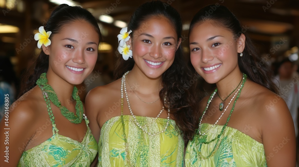 Obraz premium Celebrating Culture With Joyful Smiles in Vibrant Hawaiian Attire at a Festive Gathering
