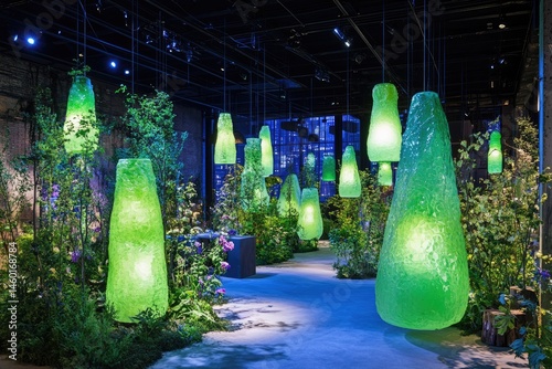 Glass-like, luminous plant-filled display.  Hanging,  verdant exhibit