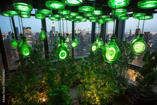 Urban rooftop garden with recycled glass lights. Lush greenery and city skyline views