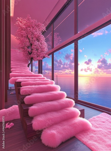 Pink fluffy staircase overlooking ocean sunset