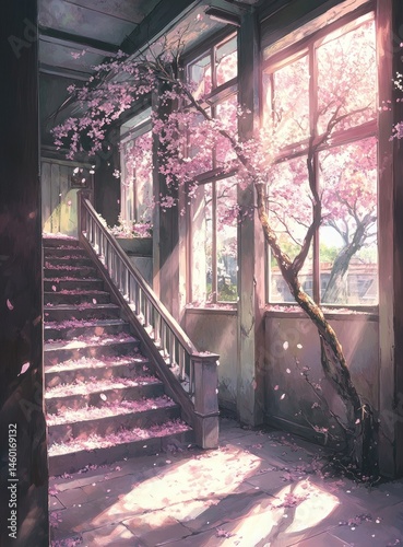Abandoned school hall, spring blossoms