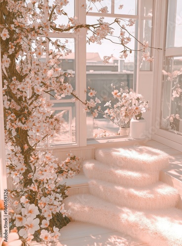 Pastel-toned sunlit room with cherry blossoms and fluffy stairs