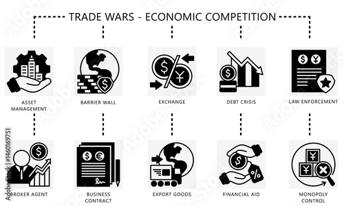 Trade wars glyph icons set. Contain management, broker, exchange, export, law, financial, barrier, crisis, contract, control and more. Vector for UI, UX kit, digital, print, web and app development.