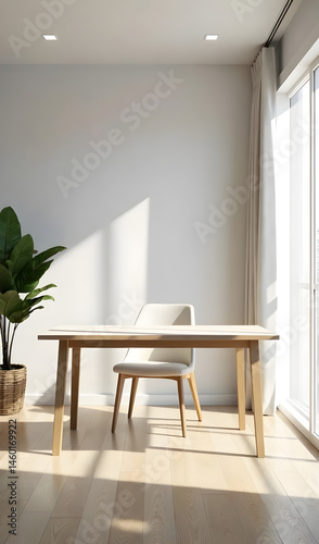 A modern, sleek home office interior with a white, wooden desk centered in a well-lit, minimalist room. The wooden grain on the desk and floor are visible, and soft shadows add depth to the scene. A f