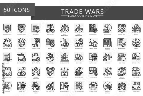 Trade wars black outline icons set. Contain agreement, embargo, export, rate, tax, crisis, deal, resolution, boycott, commerce and more. Vector for finance, economy UI, UX kit, web and app development