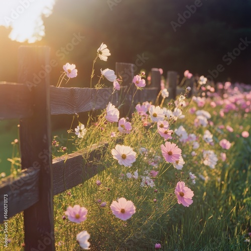 A sun-drenched field of cosmos blooms beside a rustic wooden fence