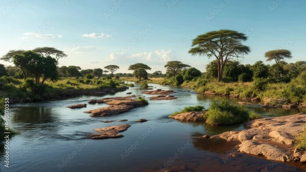 Serene River Landscape With Rocky Shores And Trees Serene River Landscape With Rocky Shores And Trees