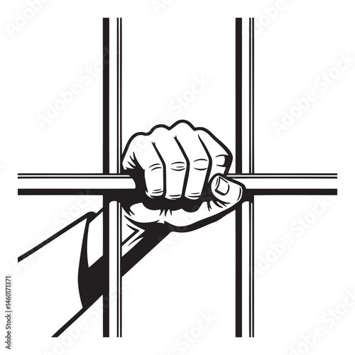 Hand gripping prison bars - Person in prison, hand gripping bars, black and white illustration  