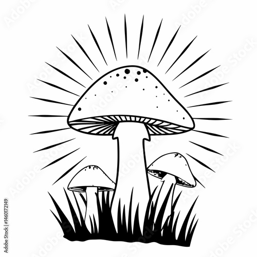 Black and White Illustration of Mushrooms in Grass with Sunburst