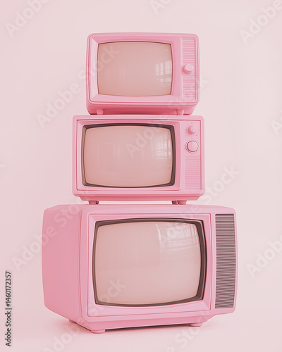 Three vintage pink televisions stacked on top of each other, against a plain light background, with a pastel aesthetic, creating a cute visual