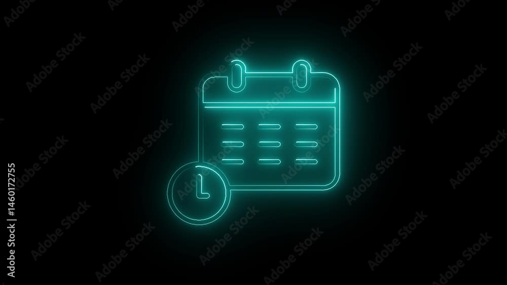 A glowing neon calendar icon animation. neon Animated date calender with clock icon concept. A glowing neon calendar icon animation. neon Animated date calender with clock icon concept.