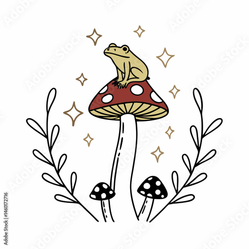 Cute Frog Sitting on a Red Mushroom with Twinkling Stars and Botanical Elements
