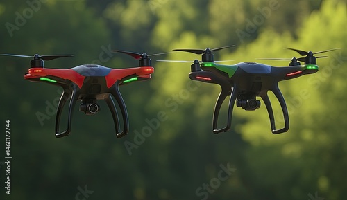 Two drones hover in a lush forest