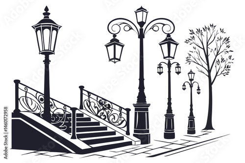 101 Black silhouettes, vintage street lamps, ornate lanterns, Victorian-era lighting, decorative lamp posts, urban design elements, classic outdoor illumination, cast iron details, architectural fixtu