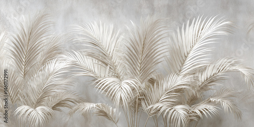 Cream-colored palm fronds against a textured beige background create a calm, minimalist aesthetic suitable for design projects, showcasing serenity and elegance