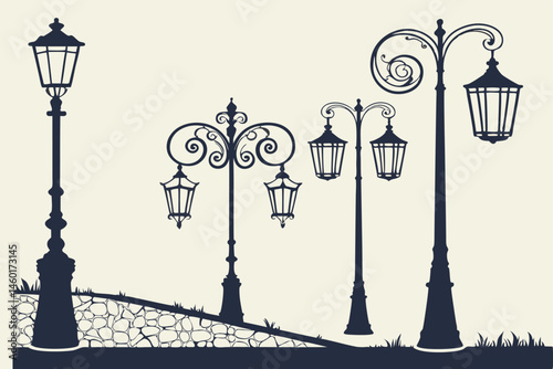 101 Black silhouettes, vintage street lamps, ornate lanterns, Victorian-era lighting, decorative lamp posts, urban design elements, classic outdoor illumination, cast iron details, architectural fixtu