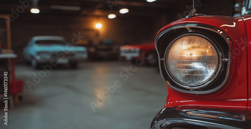 Classic automobile headlight and front section vintage car transportation