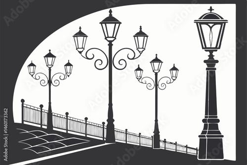 105 Arabic lanterns, Islamic architecture, silhouettes, ornate designs, Ramadan decorations, black and white, geometric patterns, hanging lamps, oriental style, intricate details, traditional Middle E