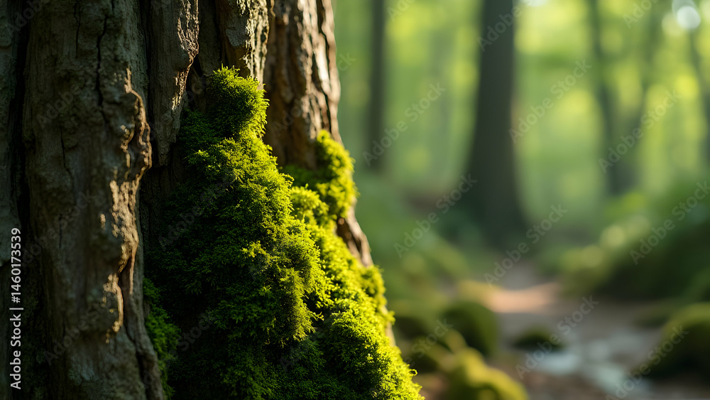 Obraz premium A close-up of a moss-covered tree trunk in a serene forest bathed in soft sunlight.