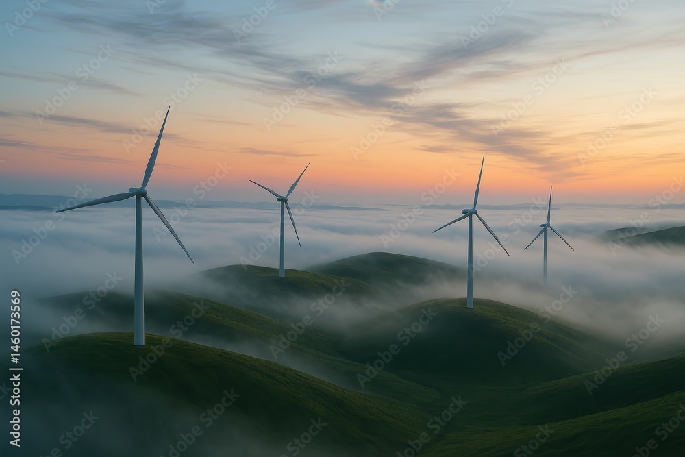 Serene Landscape with Wind Turbines and Misty Hills at Dawn