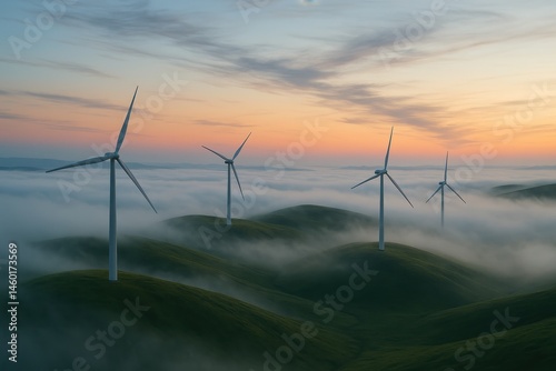 Serene Landscape with Wind Turbines and Misty Hills at Dawn