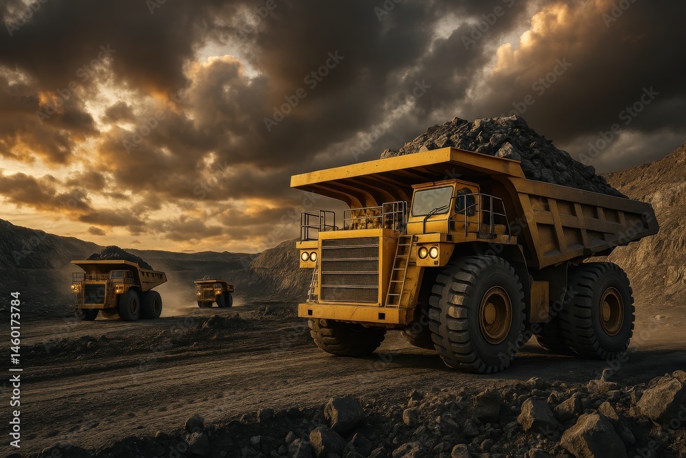 Heavy Mining Trucks Transporting Minerals at Sunset in Quarry