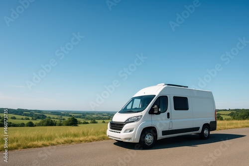 Obraz na płótnie White Camper Van Parked on Scenic Rural Road Under Clear Blue Sky w salonie