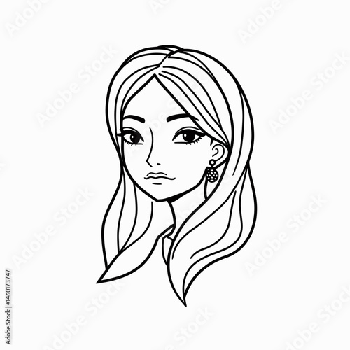 woman with long straight hair and earring in minimalist line art style for fashion and beauty concept