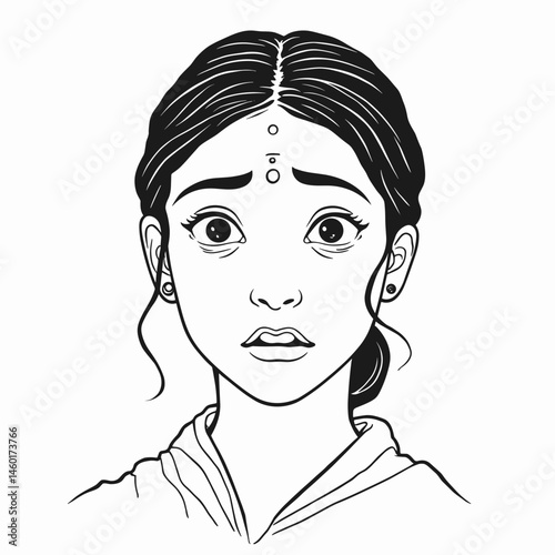 young girl with concerned expression in traditional attire for emotional and cultural concept