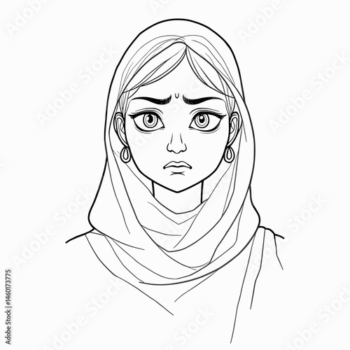young woman in hijab with serious expression in minimalist line art style for cultural representation concept