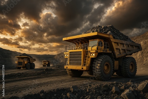 Obraz na płótnie Heavy Mining Trucks Transporting Minerals at Sunset in Quarry w salonie