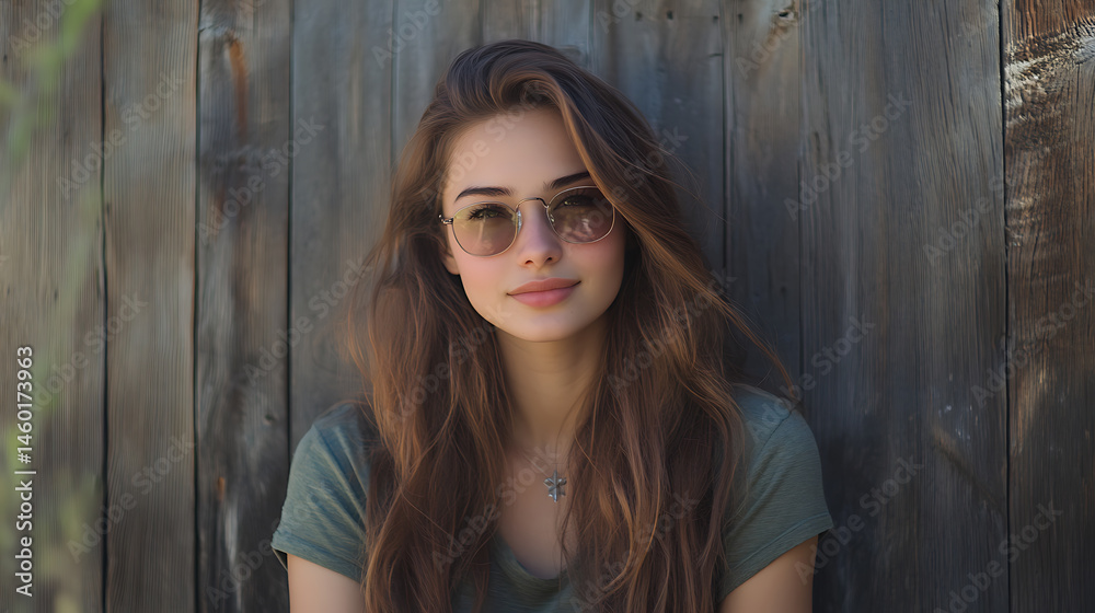 Fototapeta premium Young woman with long brown hair and sunglasses poses against a rustic wooden fence background.