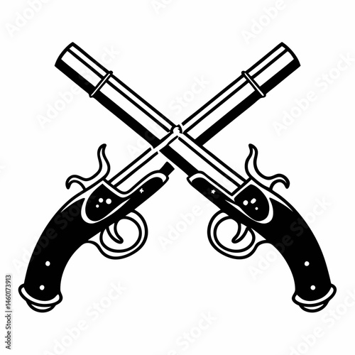 Crossed Vintage Flintlock Pistols Black and White Illustration