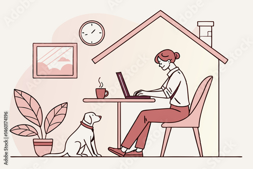 Woman Working From Home at Desk with Laptop and Dog