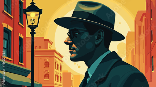 profile of man in hat and glasses standing on city street with vintage lamp for classic urban concept