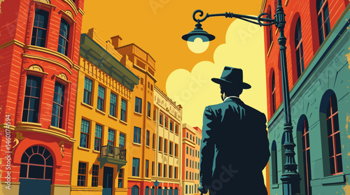 man in hat walking through vintage city street with streetlamp for urban exploration concept