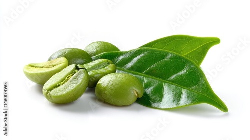 Wallpaper Mural Raw Green Coffee Beans with Coffee Leaves Isolated on White Background – Natural Caffeine Source for Health and Weight Loss Torontodigital.ca