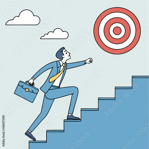 Businessman Climbing Stairs Reaching Target Goal Success Ambition