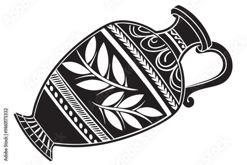 103 Ancient pottery, Greek amphora, black silhouette, decorative pattern, leaf motif, geometric design, white background, minimalist illustration, ornate jug, traditional ceramic, symmetrical composit