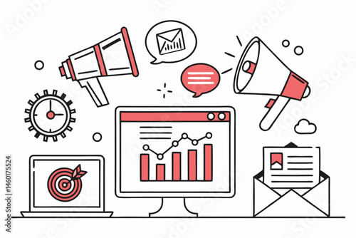 Digital Marketing Strategy Illustration with Icons and Charts