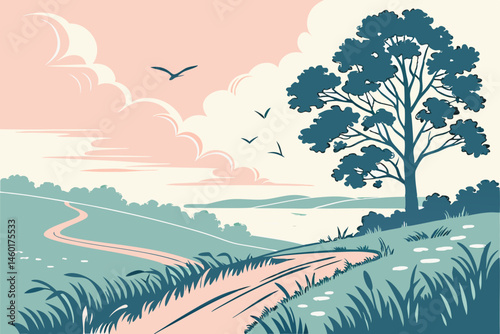 Serene Countryside Landscape with Winding Road and Tree