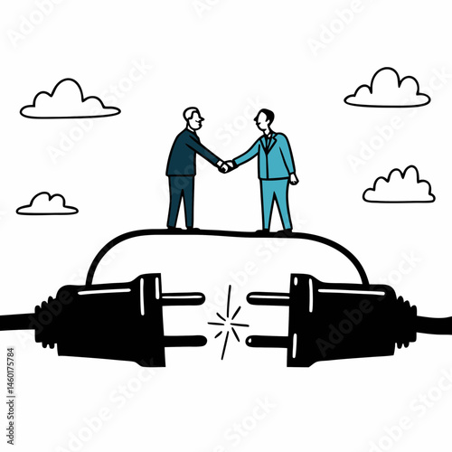 Businessmen shaking hands on a connecting plug symbolizing partnership