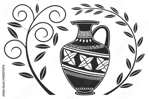 103 Ancient pottery, Greek amphora, black silhouette, decorative pattern, leaf motif, geometric design, white background, minimalist illustration, ornate jug, traditional ceramic, symmetrical composit